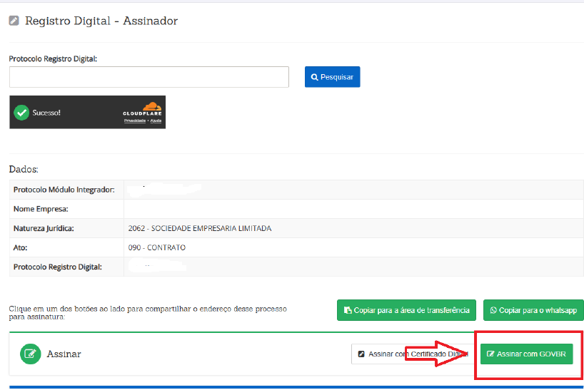Dados do processo e botões de assinatura