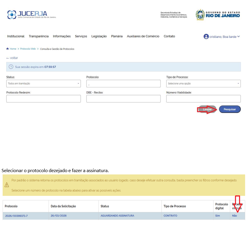 Tabela de protocolos - selecionar e assinar